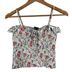 Forever 21 Crop Top Womens L White Floral Ruffle Smocked Cottagecore Soft Girl